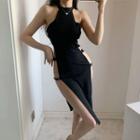 Sleeveless Halter Cut-out Slit-side Bodycon Dress