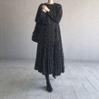 Long-sleeve Dotted Midi Accordion-pleat Dress Black - One Size