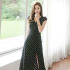 Cap-sleeve Slit-side Dotted Midi A-line Dress