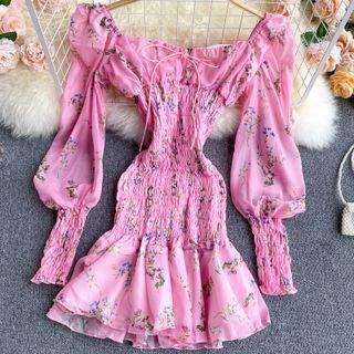Lantern-sleeve Floral Print Slim-fit Dress