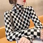 Turtleneck Checkerboard Knit Top Black & White - One Size