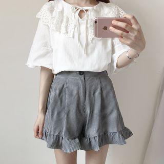 Set: Lace-up Elbow-sleeve Top + Plaid Shorts