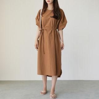 Pintuck-trim Cotton Midi Dress With Sash