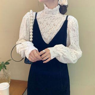 Long-sleeve Lace Blouse / Spaghetti Strap Midi A-line Dress / Set