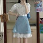 Short-sleeve Peter Pan Collar Embroidered Top / High-waist Plain Panel Flower Trim A-line Skirt