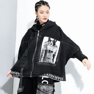 Lettering Hooded Zip-up Denim Jacket Black - One Size