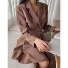 Notched-lapel A-line Dress With Belt Brown - One Size