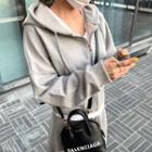 Set: Kangaroo-pocket Hoodie Jacket + Band-waist Long Flare Skirt