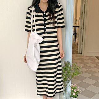 Short-sleeve Stripe Midi Dress Stripe - Black & White - One Size