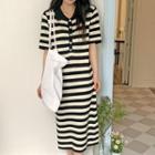 Short-sleeve Stripe Midi Dress Stripe - Black & White - One Size