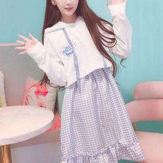 Crop Hoodie / Sleeveless Plaid A-line Dress