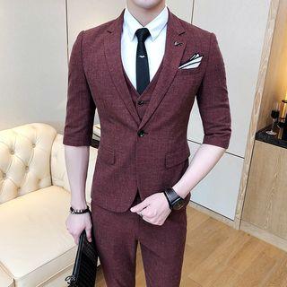Set: Single Button Elbow-sleeve Blazer + Vest + Dress Pants