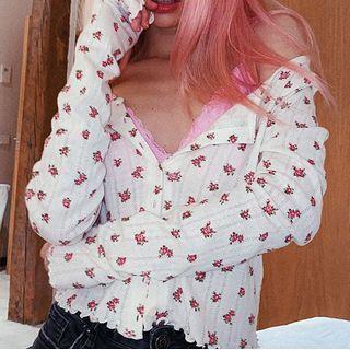 Long-sleeve Floral Print Button-up Knit Top