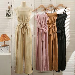 Slited Sleeveless Jumpsuit With Sash