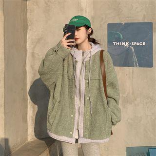 Mock Two-piece Fleece Hooded Coat Green - One Size