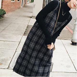 Set: Mock-neck Knit Top + Plaid Midi A-line Overall Dress