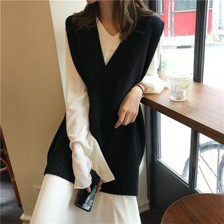 Long-sleeve Maxi Chiffon Dress / Knit Vest