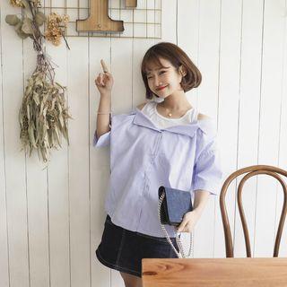Elbow-sleeve Shoulder Cut Out Mock Two Piece Blouse