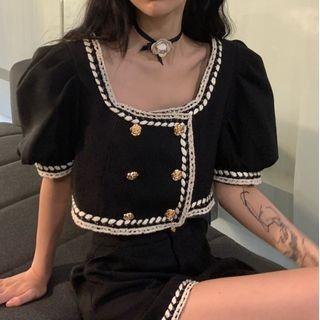Puff-sleeve Double-breasted Crop Blouse / Shorts