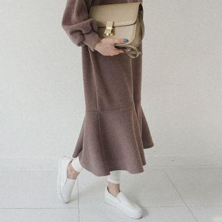 Ruffle-hem Napped Long Pullover Dress