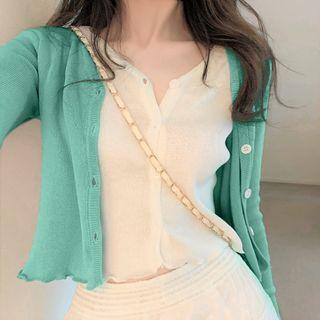 Mock Two-piece Cropped Frill Trim Cardigan