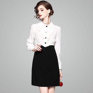 Ruffle Trim Collared Long Sleeve Dress