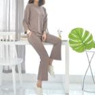 Set: Round-neck Top + Band-waist Boot-cut Pants
