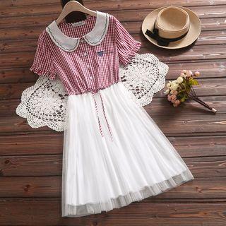 Mock Two-piece Short-sleeve Checker Mesh Paneled A-line Dress
