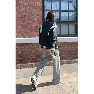 Contrast-trim Faux-leather Baseball Jacket