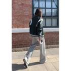 Contrast-trim Faux-leather Baseball Jacket