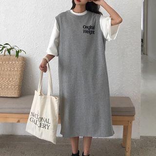 Plain Elbow-sleeve T-shirt / Lettering Print Slit Vest Dress