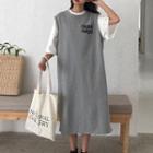 Plain Elbow-sleeve T-shirt / Lettering Print Slit Vest Dress