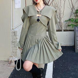 Set: Long-sleeve Shrug + Sleeveless Pleated Dress
