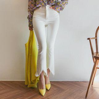 Fringed Cutout-hem Boot-cut Pants