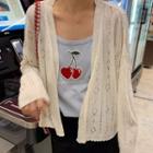 Perforated Knit Long-sleeve Cardigan / Cherry Print Camisole