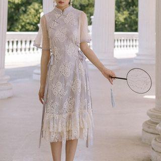 Traditional Chinese Elbow-sleeve Lace A-line Midi Dress