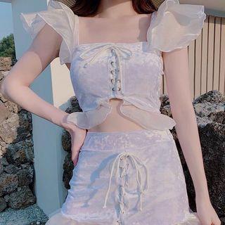 Set: Ruffle Trim Lace-up Swim Top + Skirt