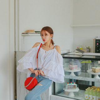 Cold-shoulder Bell-sleeve Ruffled Blouse
