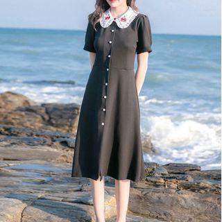 Cherry Embroidered Short-sleeve Midi Shirtdress