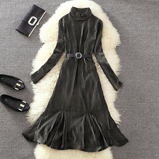 Turtleneck Velvet A-line Midi Dress