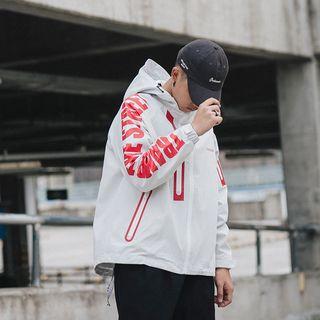 Lettering Sleeve Zipped Hooded Jacket
