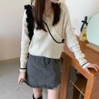 Contrast Trim Sweater / Distressed Mini Denim Skirt