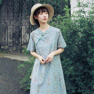 Short-sleeve Midi Floral Jacquard Qipao