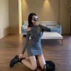 Long-sleeve Cold Shoulder Mini Bodycon Dress Gray - One Size