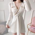 Long-sleeve V-neck Contrast Trim Mini A-line Dress