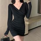 Long-sleeve V-neck Ruched Bodycon Mini Dress