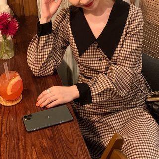 Long-sleeve Collared Plaid Loose Fit Dress