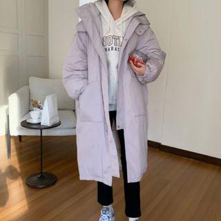 Hooded Zip-up Midi Coat Light Grayish Purple - One Size