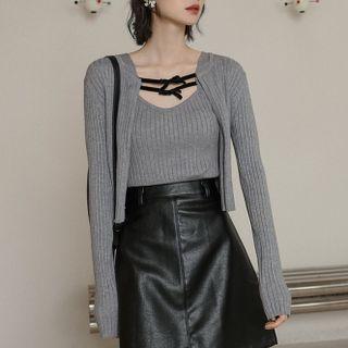 Set: Ribbed Knit Camisole Top + Cardigan Gray - One Size
