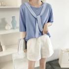 Elbow-sleeve Striped Paneled Knit Top